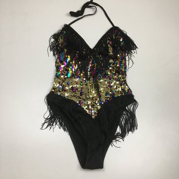 Black MultiColor Sequin Embellished Fringe Dancewear One Piece Costume Romper - Picture 1 of 12